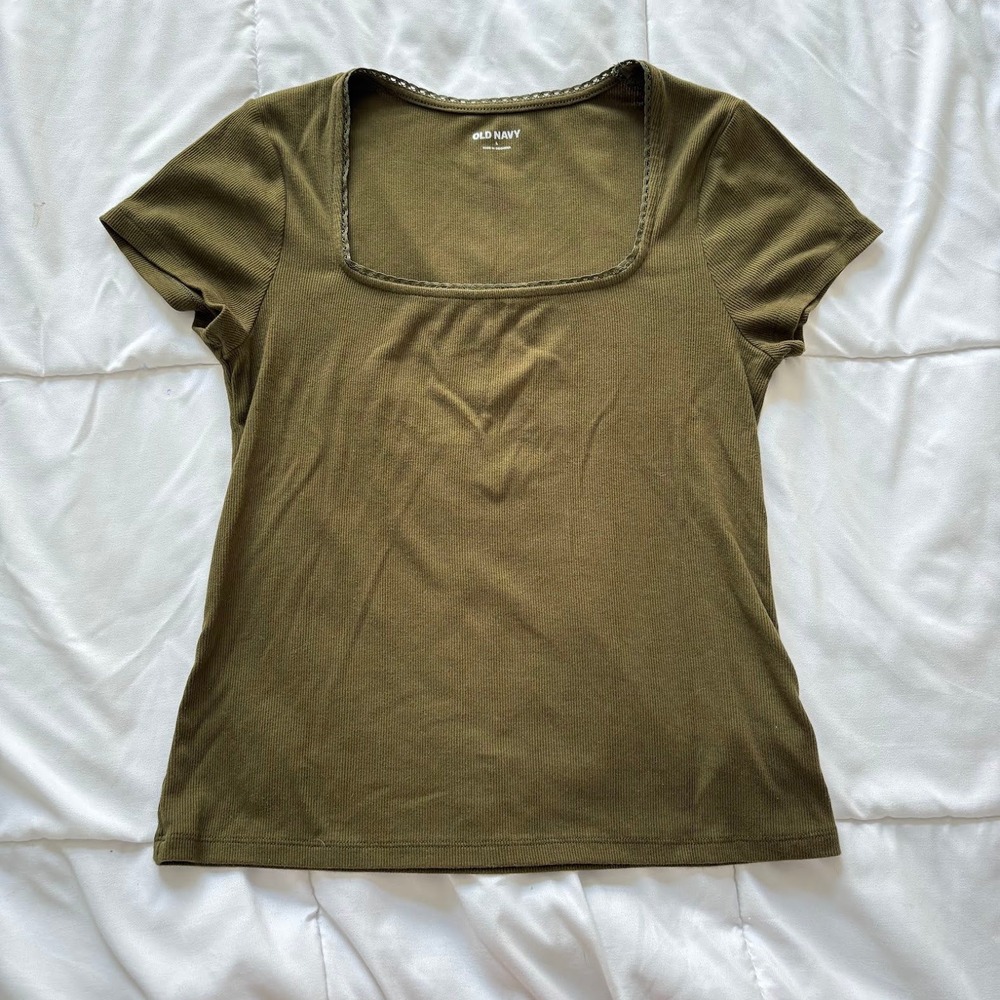 Old Navy Top Womens Large Green Ribbed Square Neck Lace Trim Fairy Cottagecore